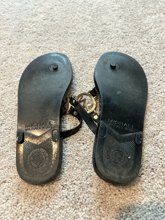 Michael Kors Black Patent Thong Sandals with Gold MK Medallions - Picture 2 of 3